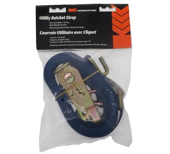 Kinedyne 1" by 16’ Heavy-Duty Ratchet Utility Strap with Wire Hook & D-Ring 711681-45PK