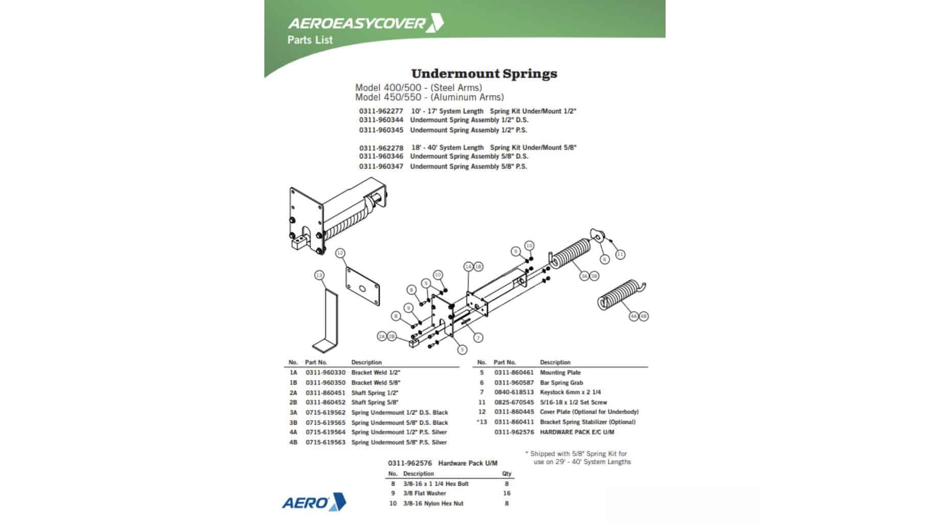 Aero 0311-962278 Easy Cover Spring Assembly Kit - 58″ (Both Sides)