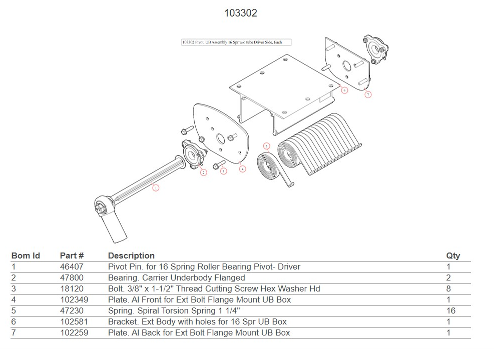 Roll Rite 103302 Pivot, Pivot, UB Assembly – 16-Spring Driver Side (Without Tube)